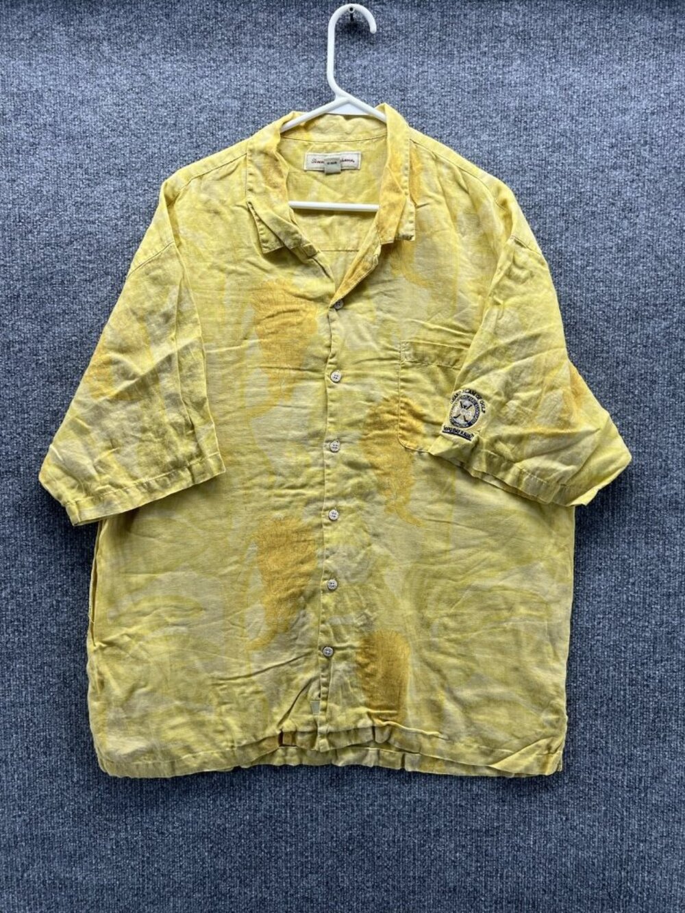 Tommy Bahama Shirt Men XL Yellow Floral Short Sleeve Button Up Camp Linen Golf
